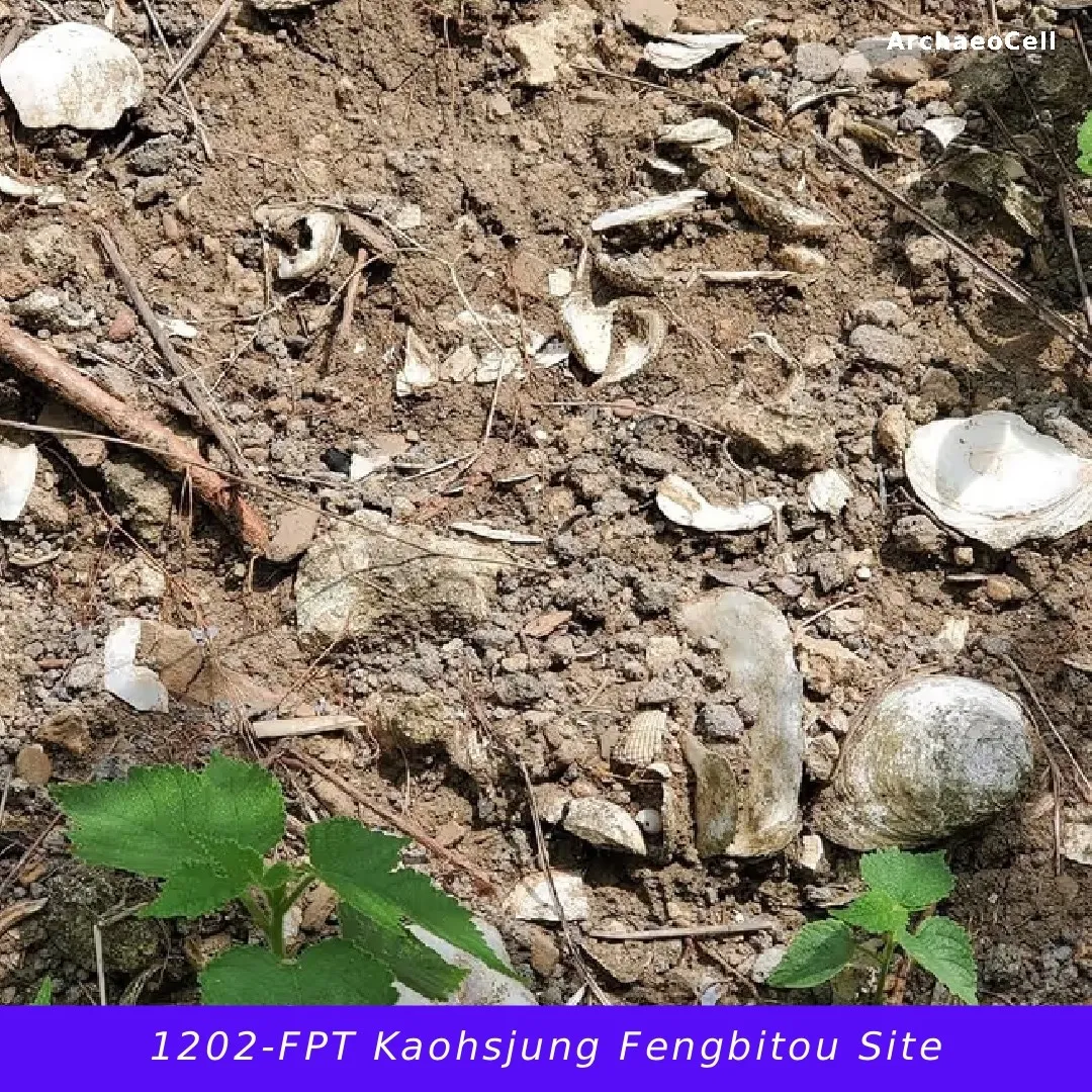 鳳鼻頭遺址果園地面散落的貝殼遺留，混雜在乾燥泥土間
